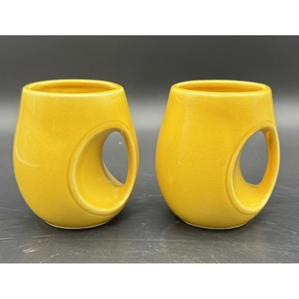 Vintage Bright Yellow Ceramic Tea Cups Set Of 8 MCM Japan Circular Handle 6-7 Oz